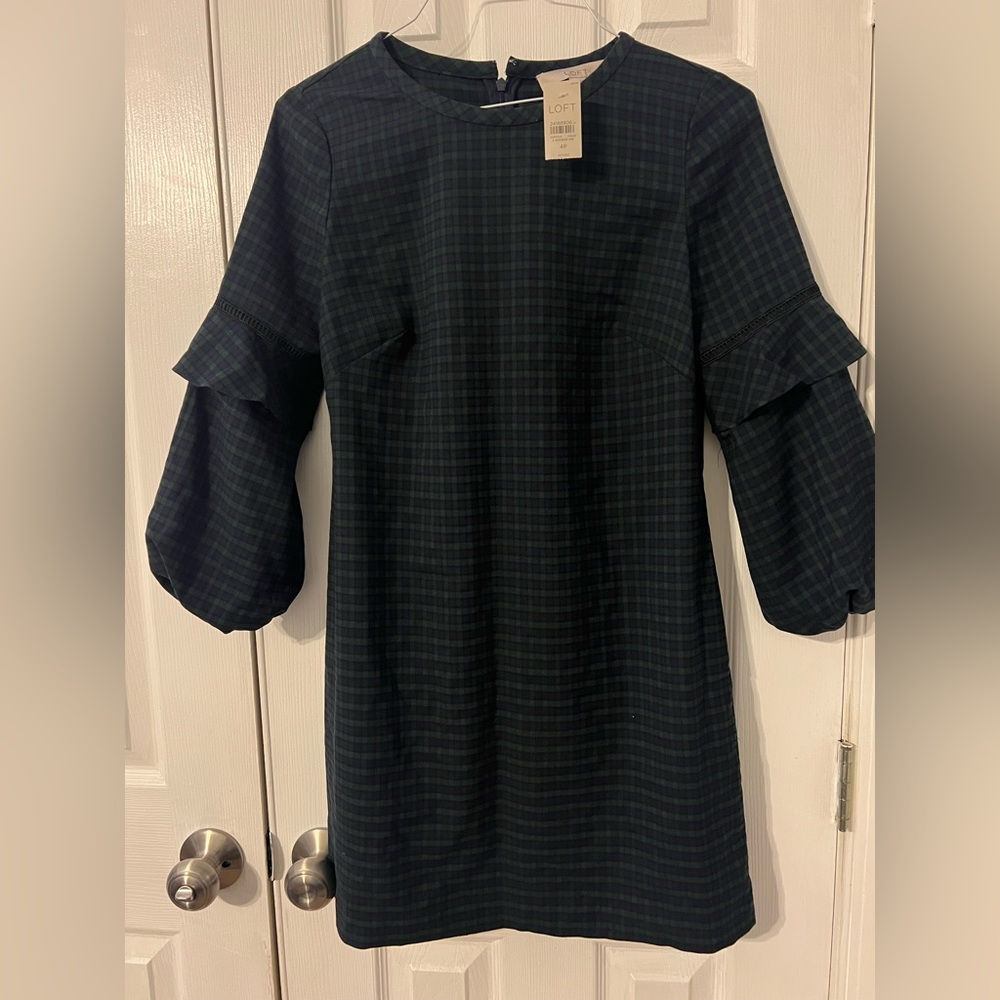 LOFT Dark Plaid Long Sleeve Dress